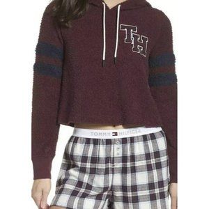 TOMMY HILFIGER Marshmallow Varsity Crop Hoodie‎ Sweatshirt Wine Maroon NWT $69